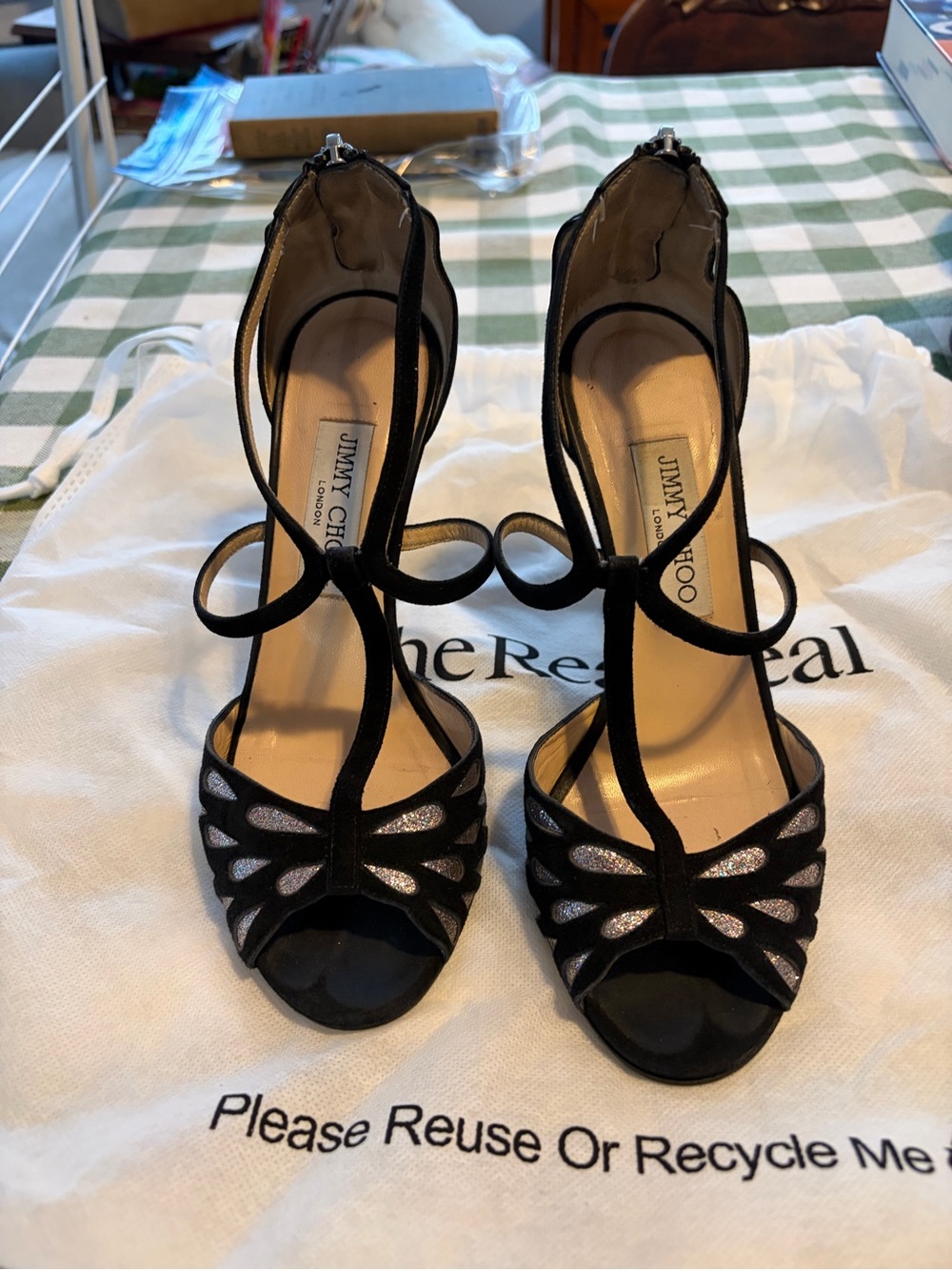 Jimmy Choo Black & Silvery T-Strap Evening Sandals